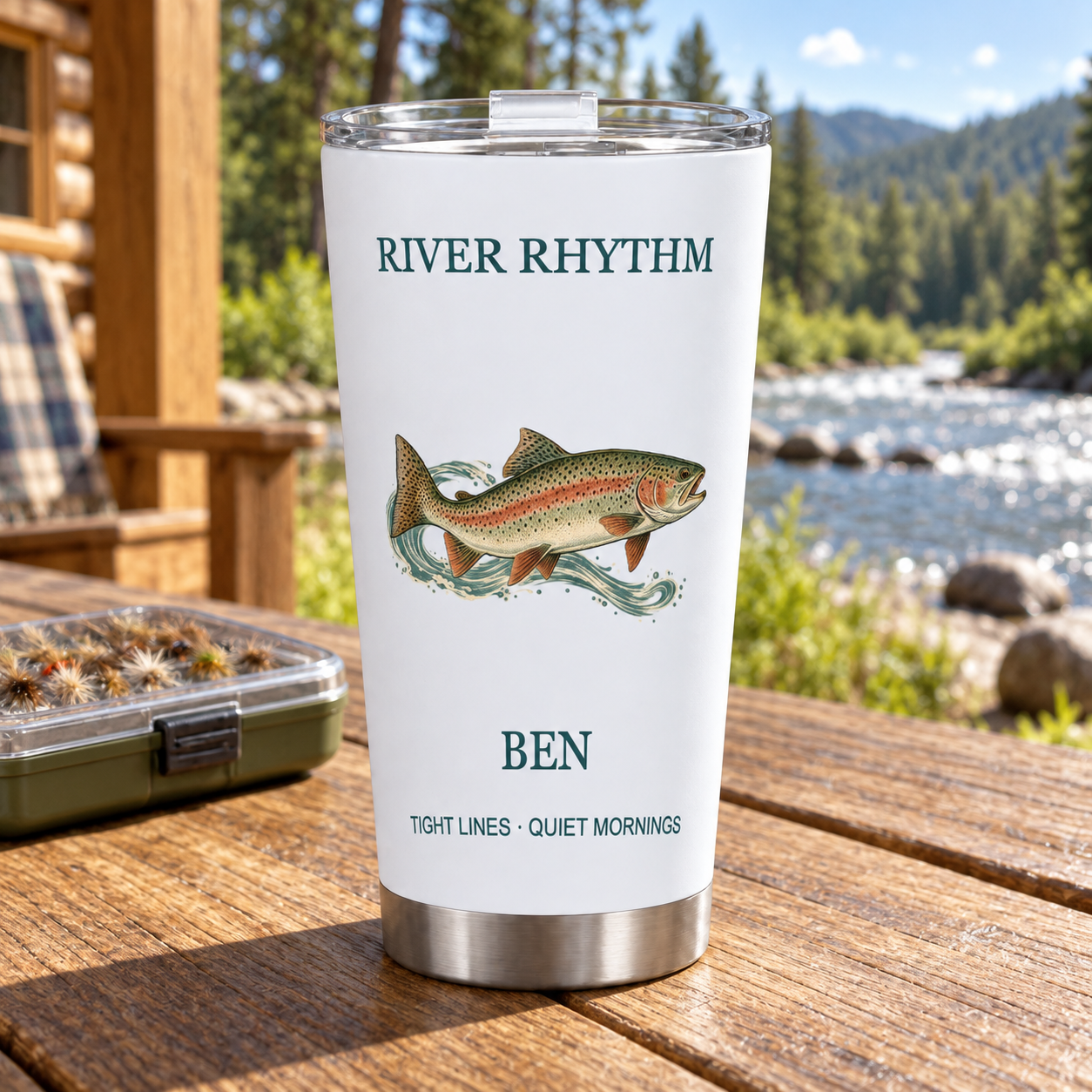 River Rhythm · Personalized Fly Fishing Tumbler · 20 oz · Silver base