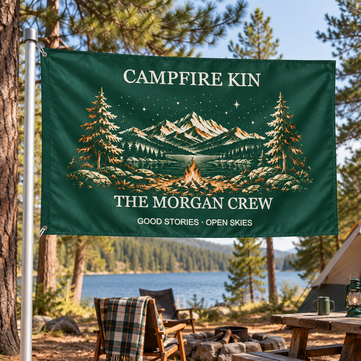 Campfire Kin · Personalized Camping Flag · 3 × 5 ft
