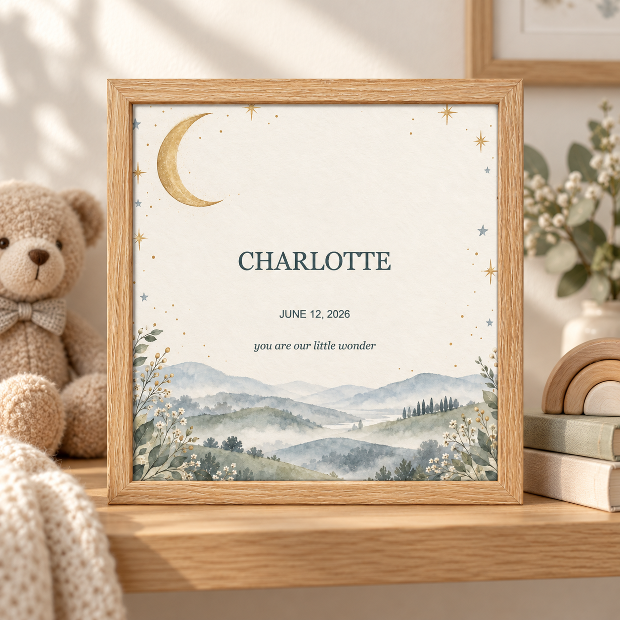 Moonlit Beginnings · Personalized Birth Keepsake · Natural wood · One Size