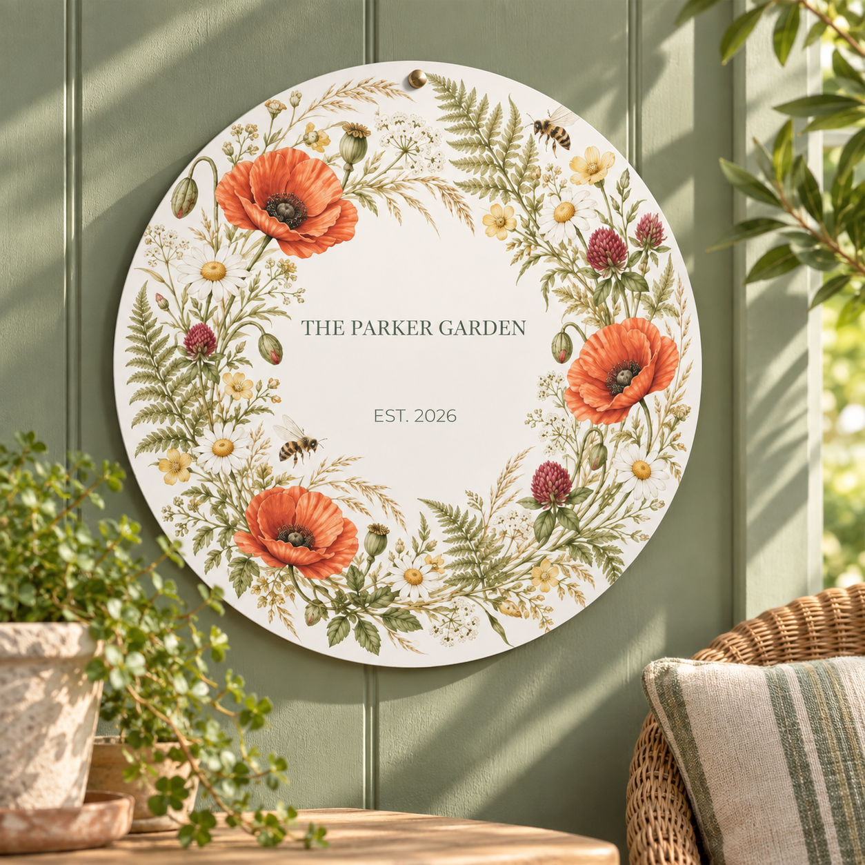Wildflower Reserve · Personalized Round Meadow Sign · 20 × 20 cm