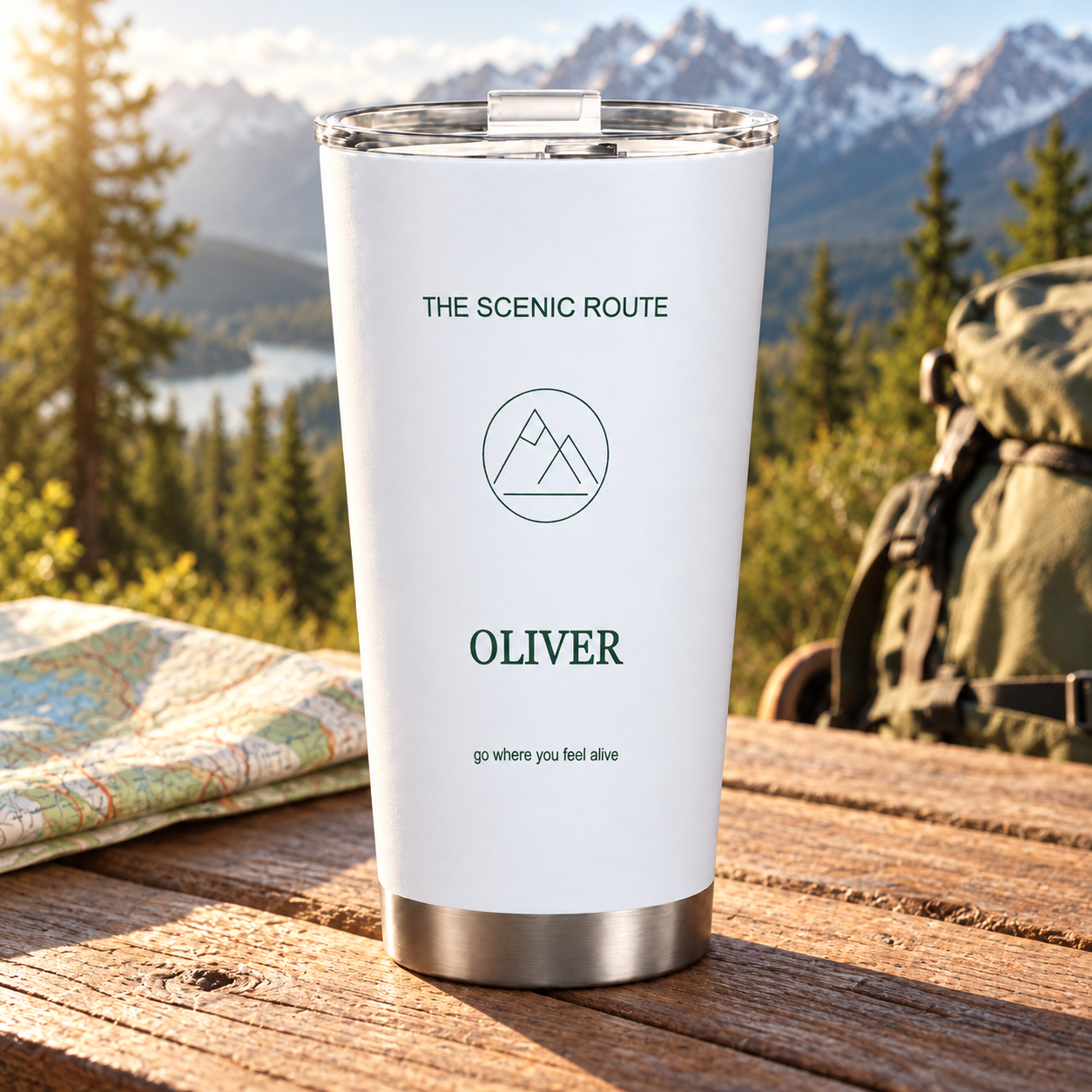 The Scenic Route · Personalized Adventure Tumbler · 20 oz · Silver base