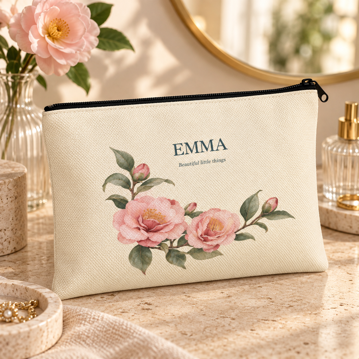 Camellia Keepsake · Personalized Floral Pouch · Cream · One size