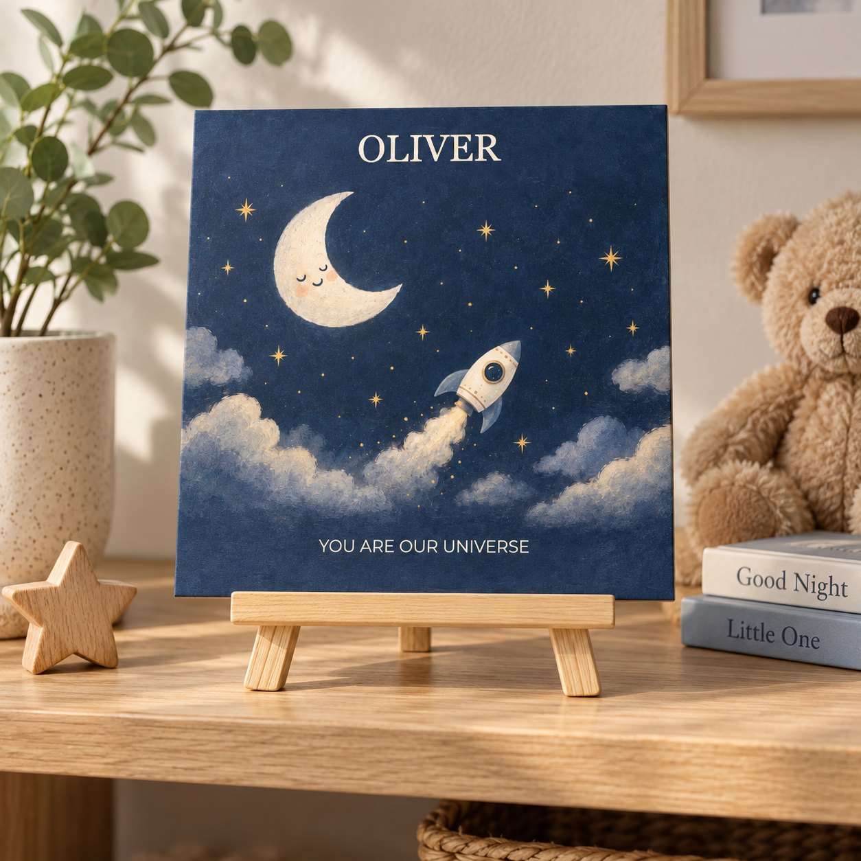 Little Orbit · Personalized Nursery Wood Print · 8 × 8 in