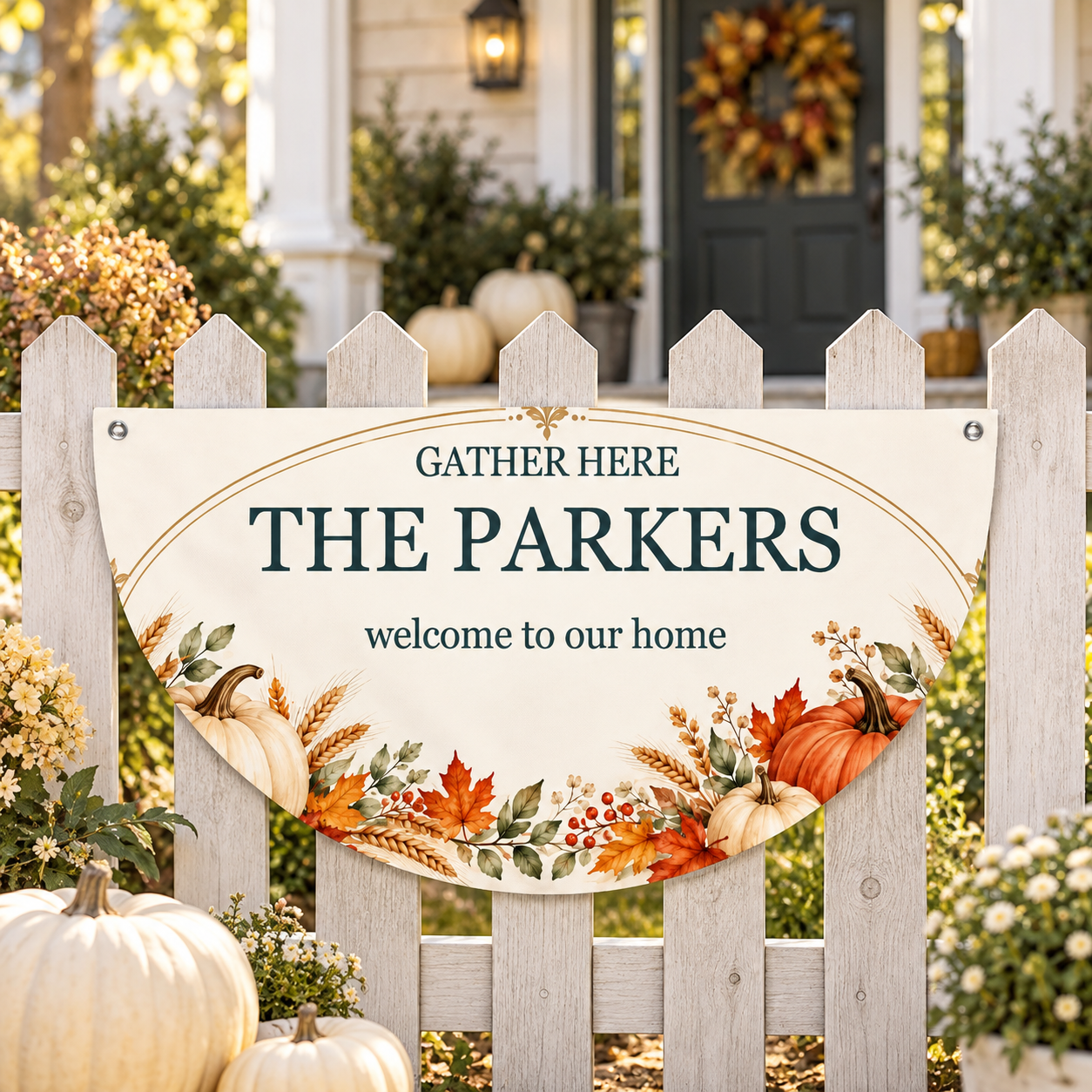 Gather Here · Personalized Harvest Porch Banner · 45 × 90 cm