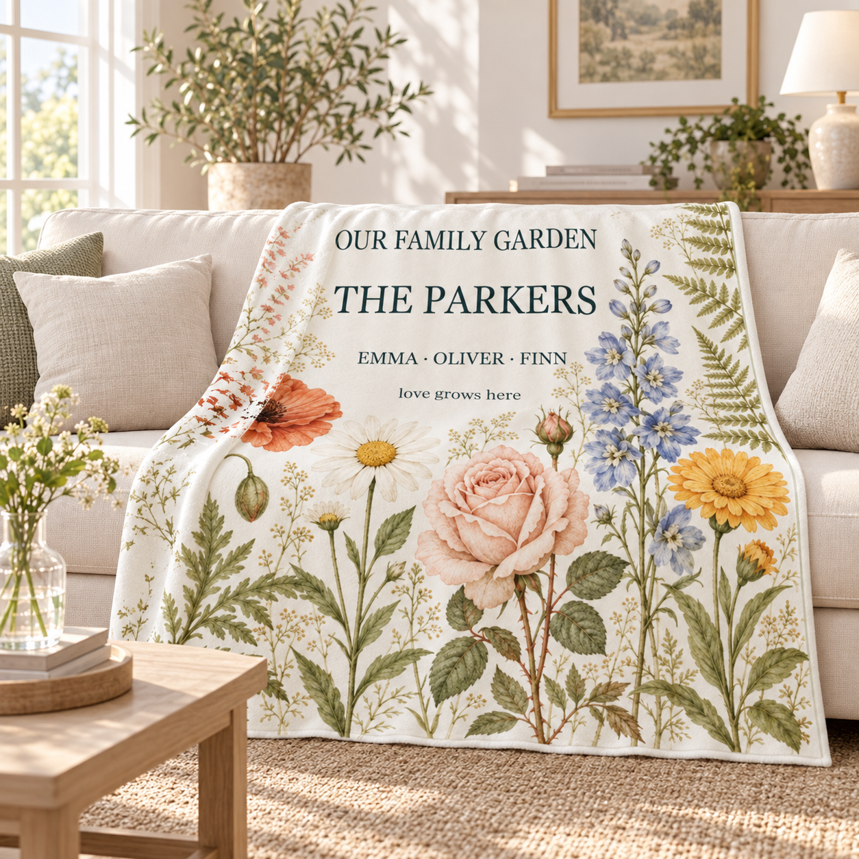 The Family Garden · Personalized Botanical Throw · 60 × 50 in