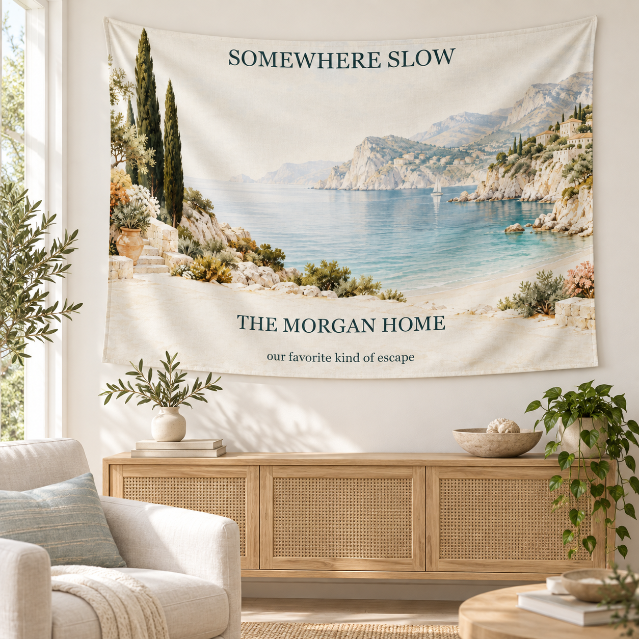 Somewhere Slow · Personalized Coastal Tapestry · 40 × 60 in