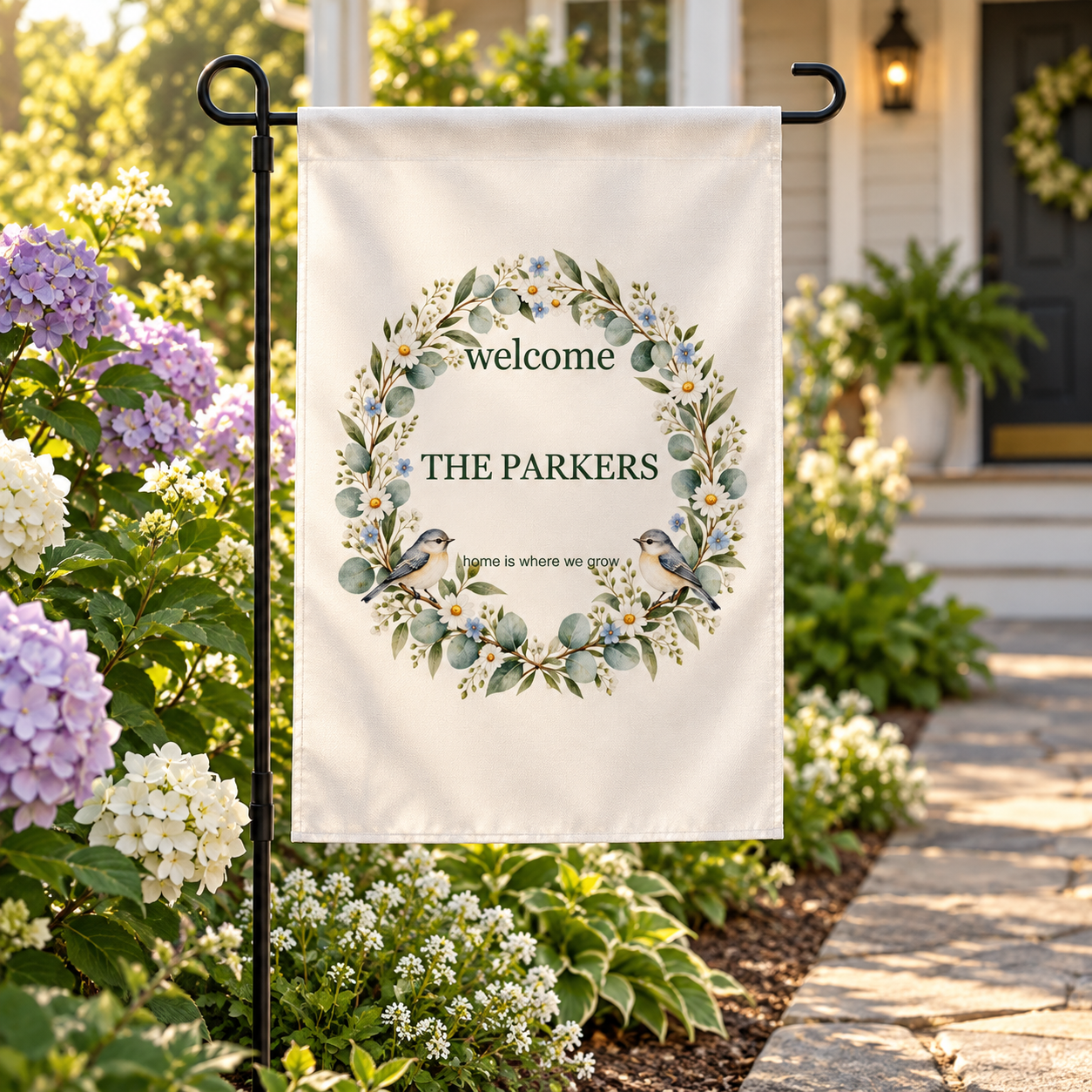 The Welcome Garden · Personalized Family Flag · 18 × 12 in · sample design