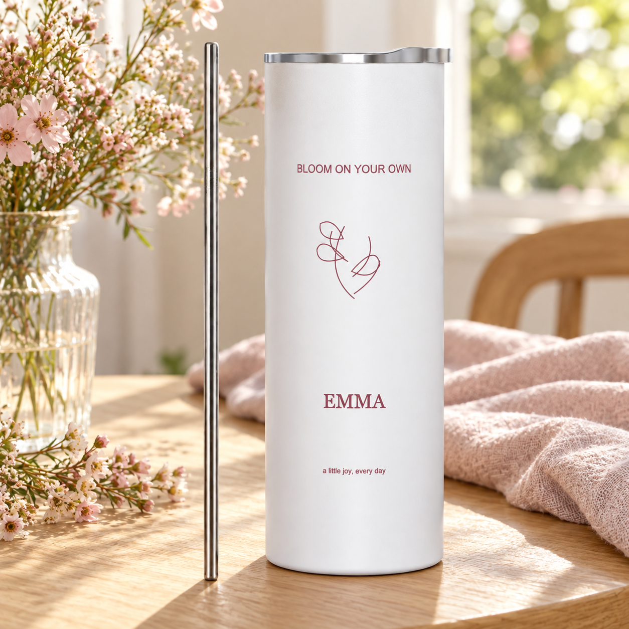 Bloom On Your Own · Personalized Floral Tumbler · 20 oz · Straight steel straw · sample design