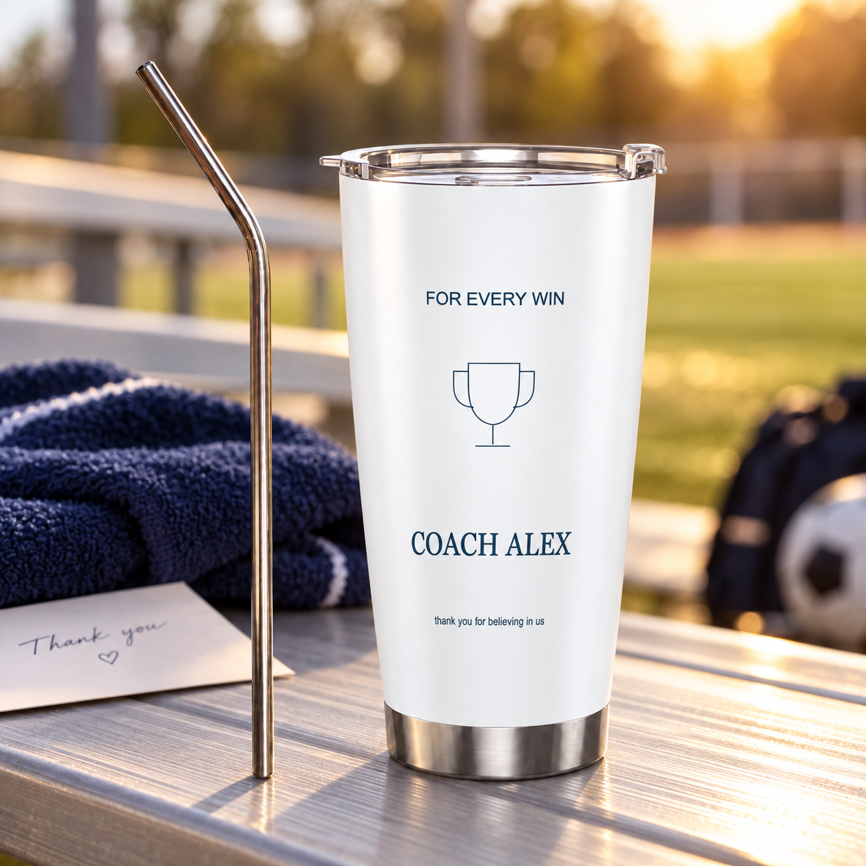 For Every Win · Personalized Coach Tumbler · 20 oz · Silver base & steel straw · sample design