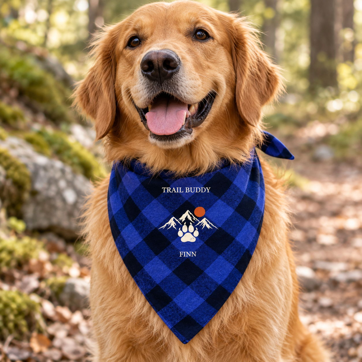 Trail Buddy · Personalized Adventure Dog Bandana · Blue plaid · One size