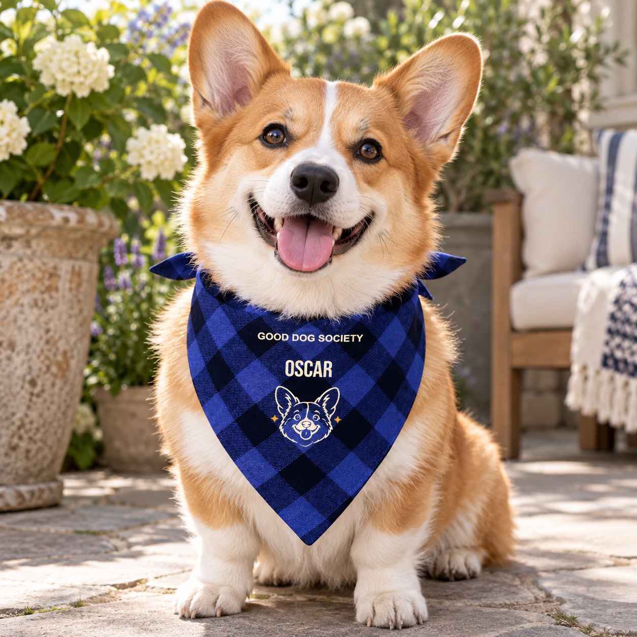 Good Dog Society · Personalized Pet Bandana · Blue plaid · One size
