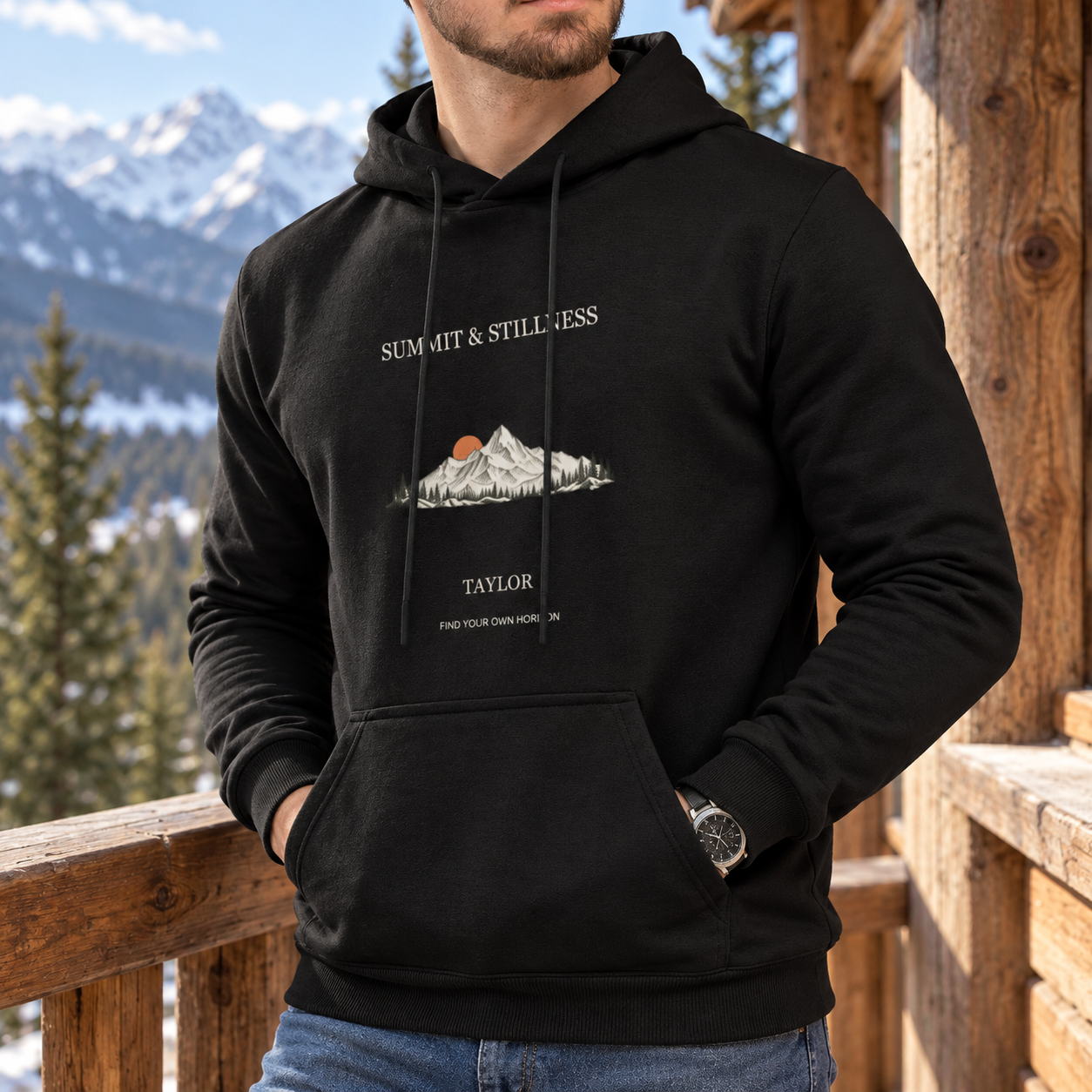 Summit & Stillness · Personalized Mountain Hoodie · Black · M